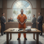 A man in an orange jumpsuit stands in a courtroom with a judge and lawyers, surrounded by evide — Travis Carroll Pensacola