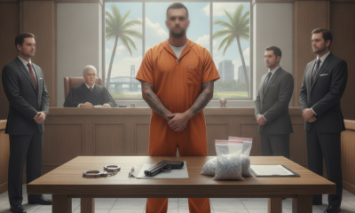 A man in an orange jumpsuit stands in a courtroom with a judge and lawyers, surrounded by evide — Travis Carroll Pensacola