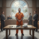 A man in an orange jumpsuit stands in a courtroom with a judge and lawyers, surrounded by evide — Travis Carroll Pensacola