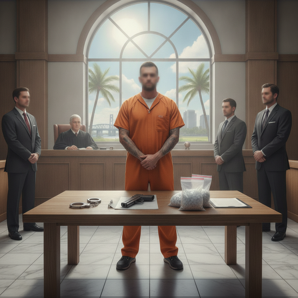 A man in an orange jumpsuit stands in a courtroom with a judge and lawyers, surrounded by evide — Travis Carroll Pensacola