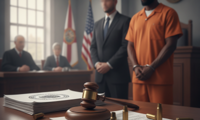Courtroom scene with a gavel, legal documents, and a man in an orange jumpsuit sta — posesion ilegal de municiones florida