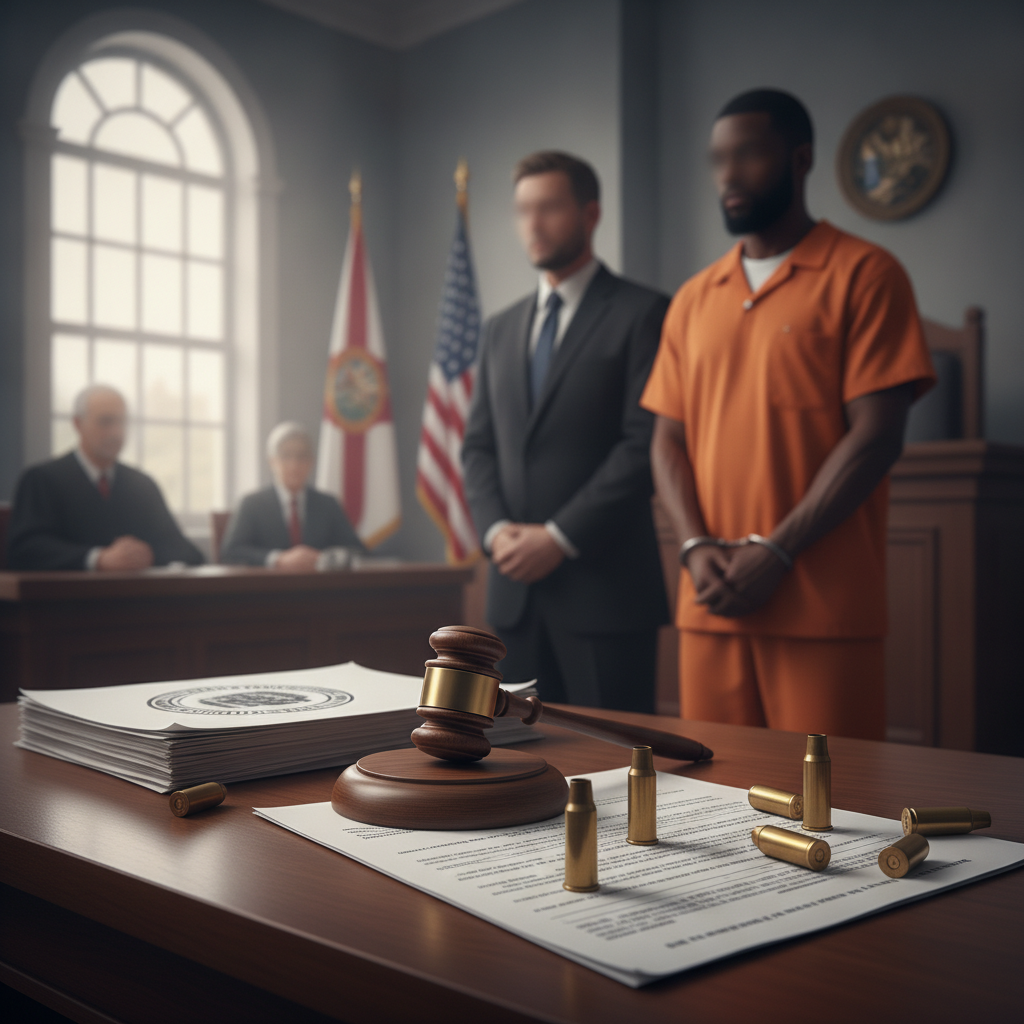 Courtroom scene with a gavel, legal documents, and a man in an orange jumpsuit sta — posesion ilegal de municiones florida
