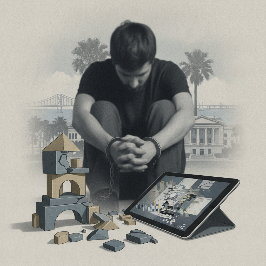 A young man with hands bound sits with his head down, surrounded by a broken toy structu — Trinity Joy Johnson Gainesville