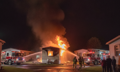 Flames engulf a mobile home in Cantonment as firefighters respond to the incident at night. — incendio en Cantonment