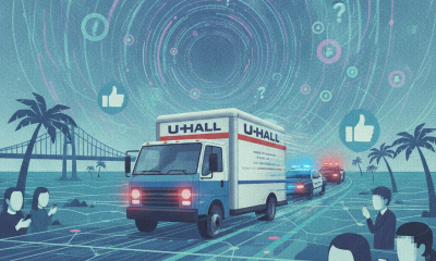 Illustration of a U-Haul truck pursued by police, with social media icons and a swirling backgr — Gulf Breeze Police Chase