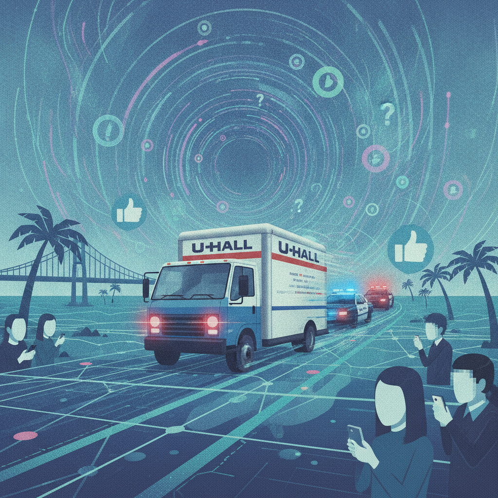 Illustration of a U-Haul truck pursued by police, with social media icons and a swirling backgr — Gulf Breeze Police Chase