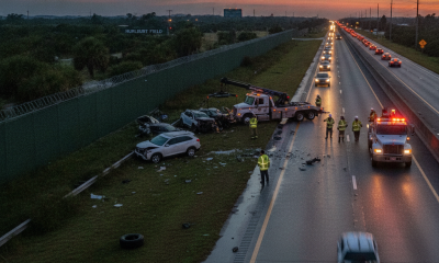 Emergency crews respond to a multi-vehicle crash on US 98 near Hurlburt Field at sunset, with — US 98 crash Hurlburt Field