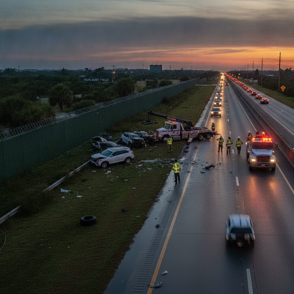 Emergency crews respond to a multi-vehicle crash on US 98 near Hurlburt Field at sunset, with — US 98 crash Hurlburt Field