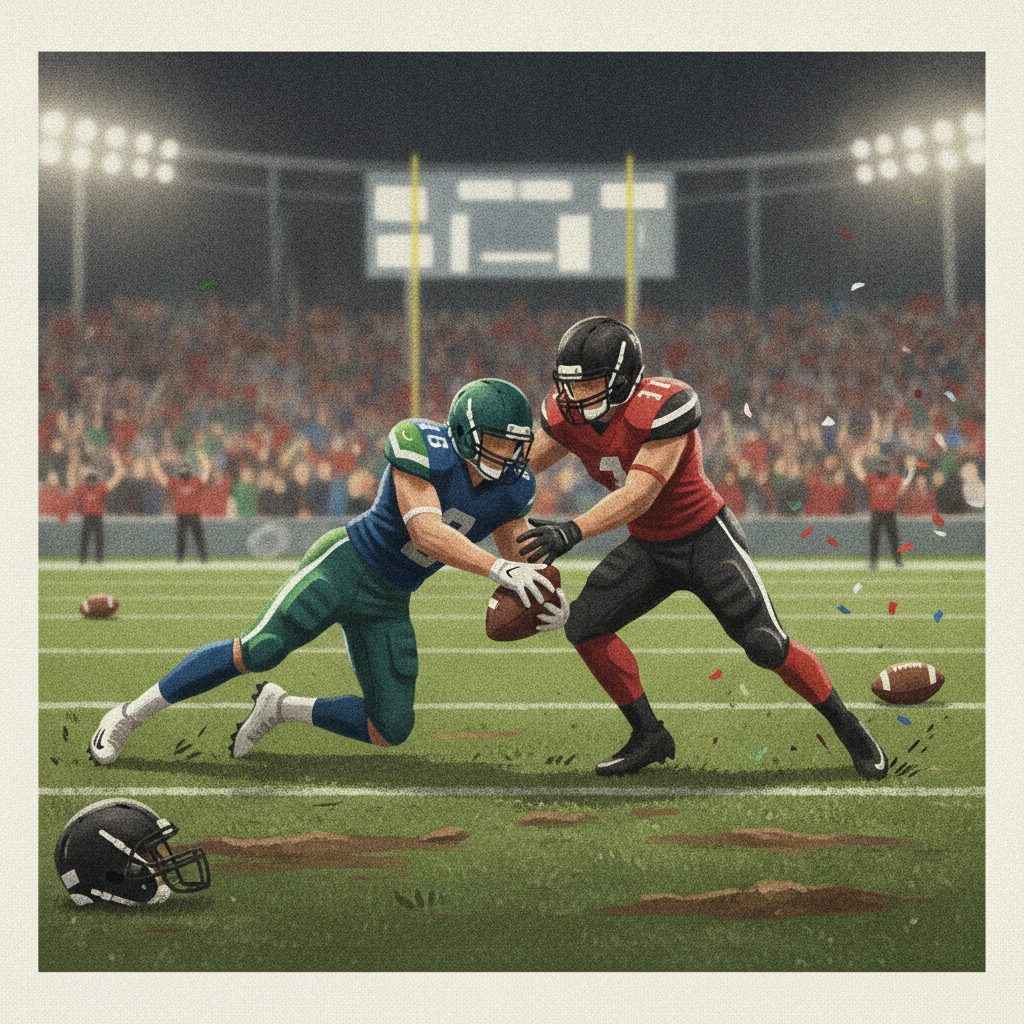 Two football players in action during a game, one in green tackling another in red on a muddy field — UWF Football vs SEMO