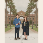 Two graduates in academic attire stand in front of a university building, celebrating their — UWF National Merit Finalists