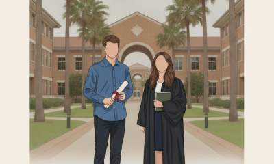 Two graduates in academic attire stand in front of a university building, celebrating their — UWF National Merit Finalists