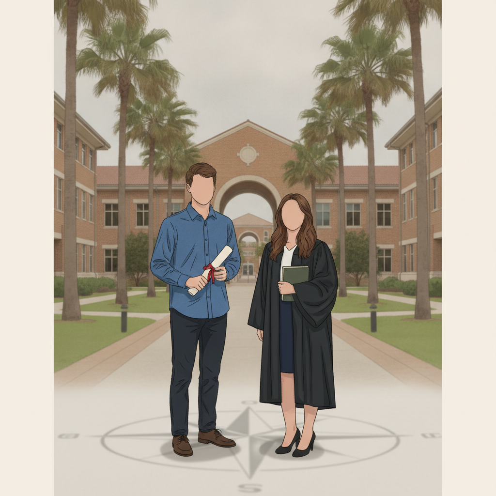 Two graduates in academic attire stand in front of a university building, celebrating their — UWF National Merit Finalists