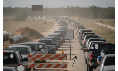 Traffic jam caused by West Roberts Road closure in Cantonment, with vehicles lined — West Roberts Road Closure Cantonment