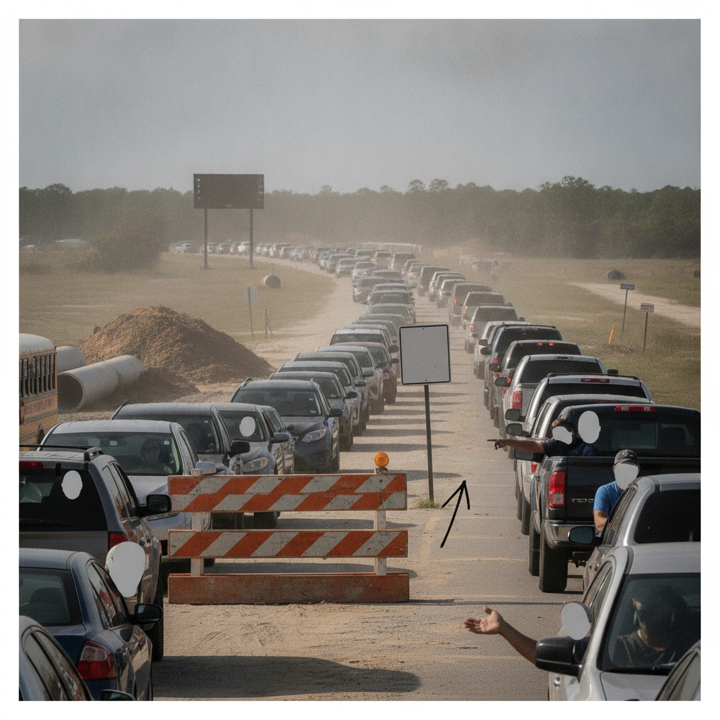 Traffic jam caused by West Roberts Road closure in Cantonment, with vehicles lined — West Roberts Road Closure Cantonment