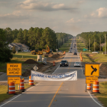 Road closed sign with construction equipment in the background on West Roberts — West Roberts Road closure Escambia County