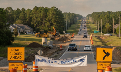 Road closed sign with construction equipment in the background on West Roberts — West Roberts Road closure Escambia County