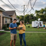 Neighbors inspect devices beneath sagging overhead utility cables. — Pensacola internet outages post Isaias