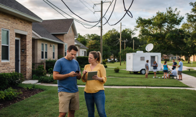 Neighbors inspect devices beneath sagging overhead utility cables. — Pensacola internet outages post Isaias