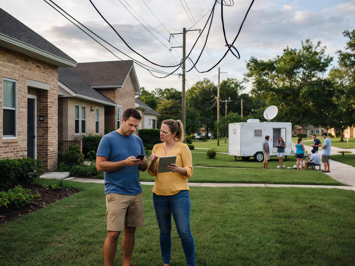Neighbors inspect devices beneath sagging overhead utility cables. — Pensacola internet outages post Isaias