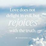 1 Corinthians 13 6 meaning displayed in white text over a soft blue sky with clouds. — 1 Corintios 13 6 explicacion