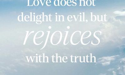 1 Corinthians 13 6 meaning displayed in white text over a soft blue sky with clouds. — 1 Corintios 13 6 explicacion