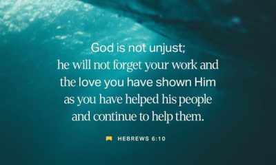 Hebrews 6 10 meaning displayed in white text over a teal ocean-wave background. — Hebreos 6 10 explicacion