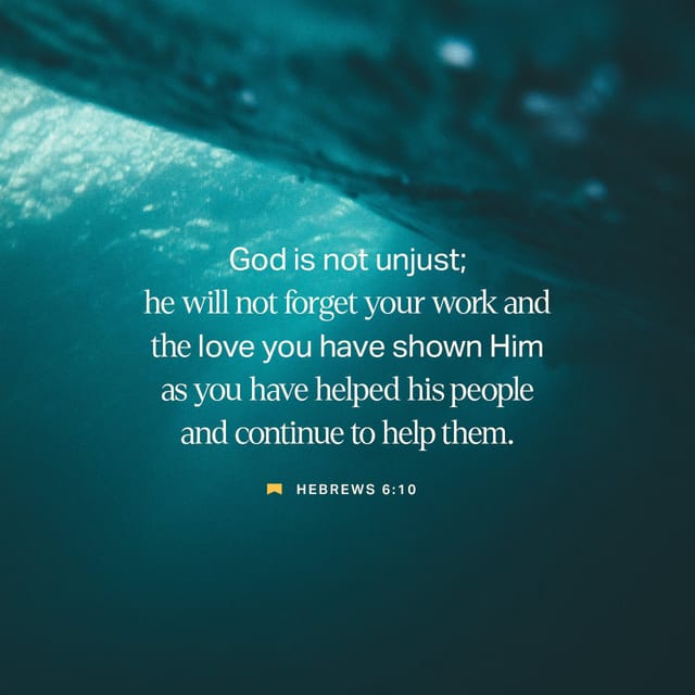 Hebrews 6 10 meaning displayed in white text over a teal ocean-wave background. — Hebreos 6 10 explicacion