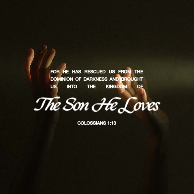 Colossians 1 13 meaning displayed over raised hands in a dark, dramatic scene — Colosenses 1 13 significado