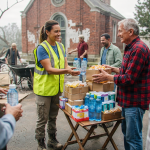 Voluntaria entrega agua a vecino ante una iglesia — Pensacola Hurricane Isaias relief