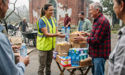 Voluntaria entrega agua a vecino ante una iglesia — Pensacola Hurricane Isaias relief