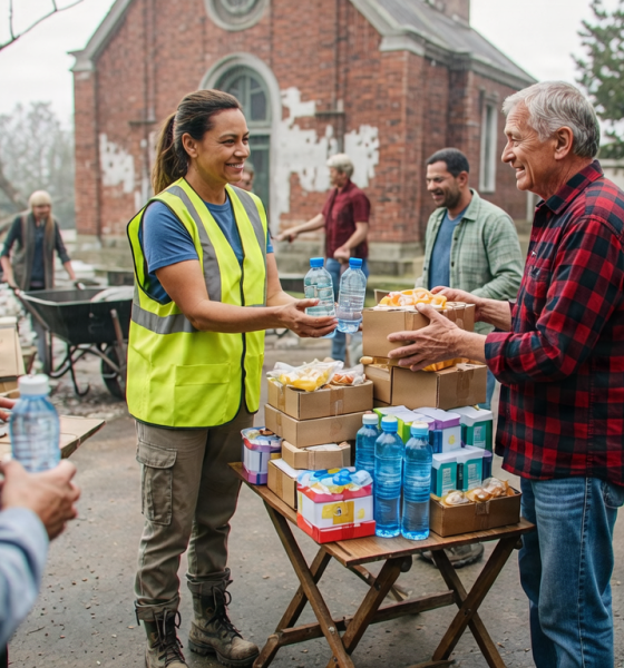 Voluntaria entrega agua a vecino ante una iglesia — Pensacola Hurricane Isaias relief