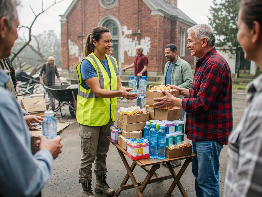 Voluntaria entrega agua a vecino ante una iglesia — Pensacola Hurricane Isaias relief