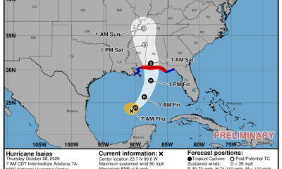 Hurricane Isaias forecast map showing storm path and warnings for Pensacola and surrounding a — Hurricane Isaias Pensacola