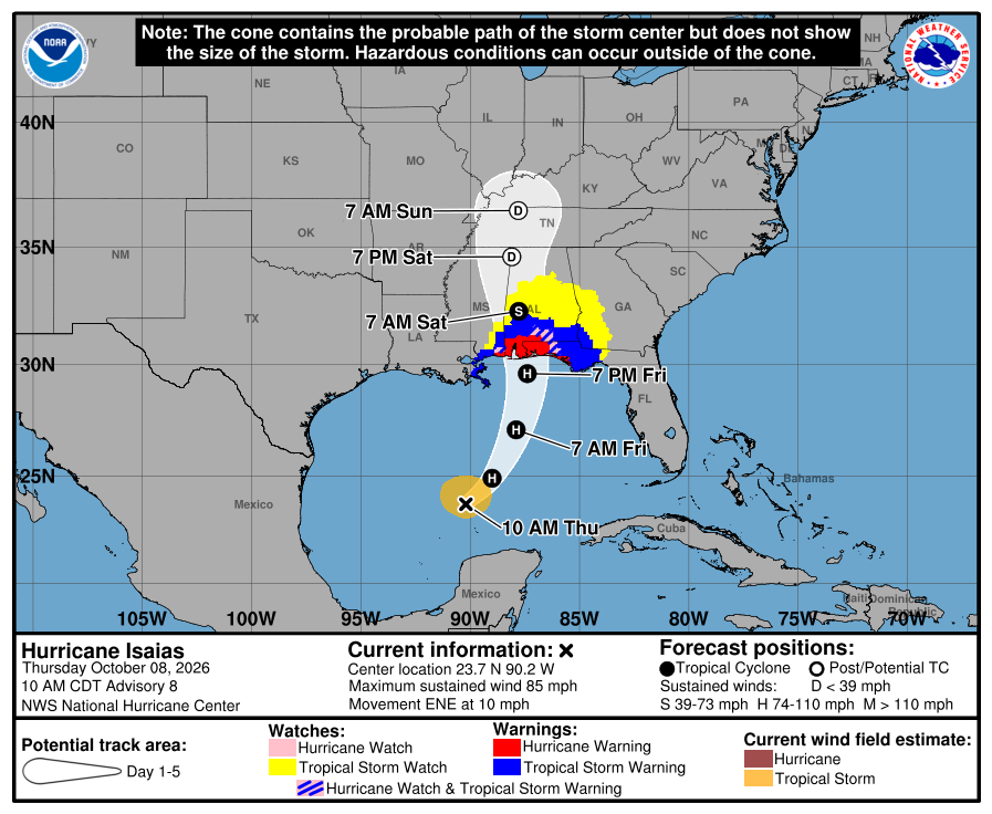 Hurricane Isaias forecast map showing projected path and storm warnings for the Gulf Coast re — Hurricane Isaias Pensacola