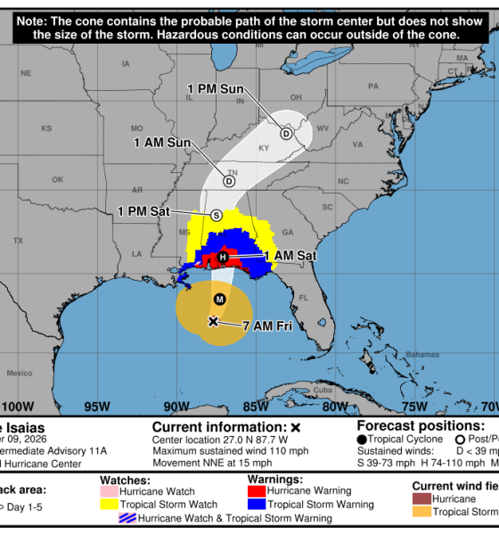 Map showing the projected path and impact zones of Hurricane Isaias approaching the Gulf Coas — Hurricane Isaias Pensacola