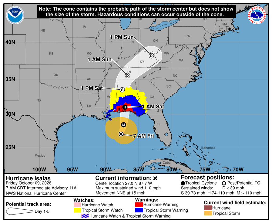 Map showing the projected path and impact zones of Hurricane Isaias approaching the Gulf Coas — Hurricane Isaias Pensacola