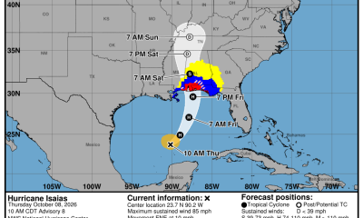 Hurricane Isaias forecast map showing the storm's projected path and warnings for the Gulf Co — Hurricane Isaias Pensacola