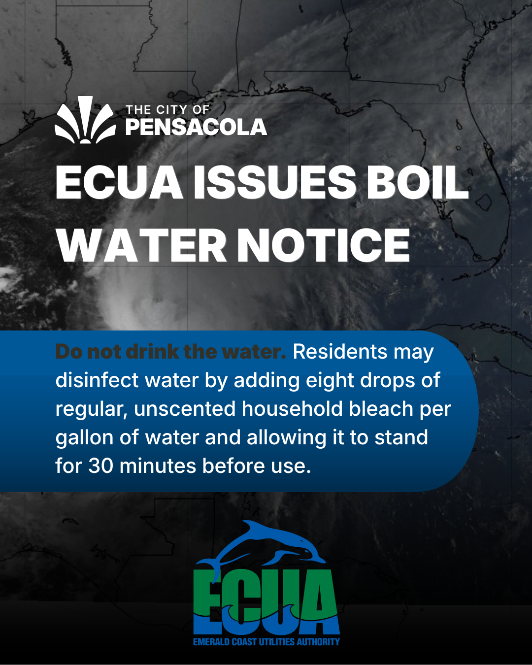 ECUA Boil Water Notice graphic detailing water safety instructions after Hurricane Isai — ECUA Boil Water Notice Pensacola