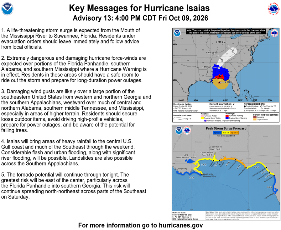 Hurricane Isaias advisory graphic detailing storm risks and evacuation information for — Hurricane Isaias Pensacola update