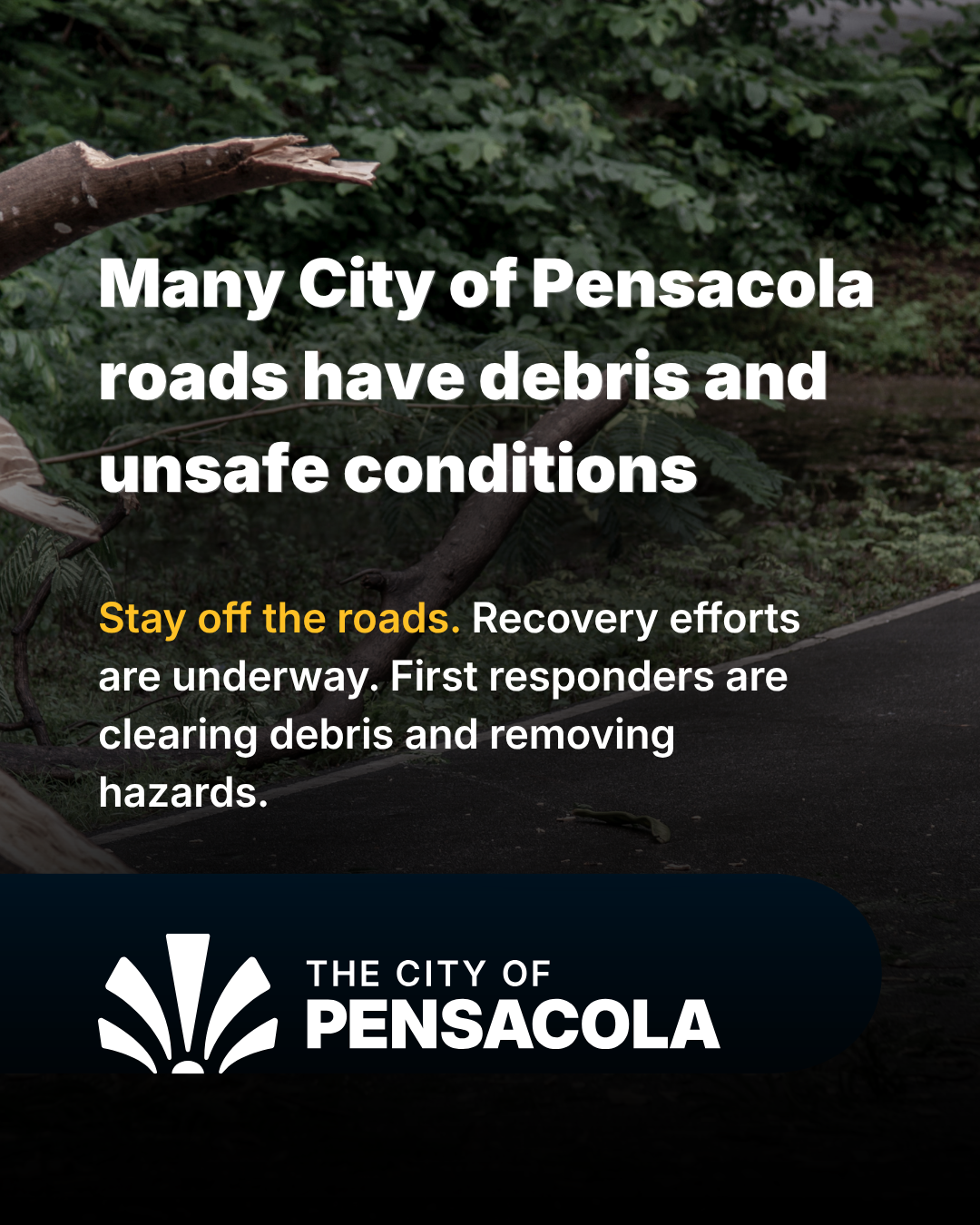 Debris and unsafe conditions on a road in Pensacola after Hurricane Isaias, with — Pensacola road hazards Hurricane Isaias