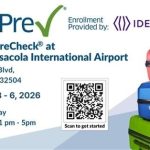TSA PreCheck Pensacola International Airport enrollment flyer with a QR code and stacked colorful suitcases