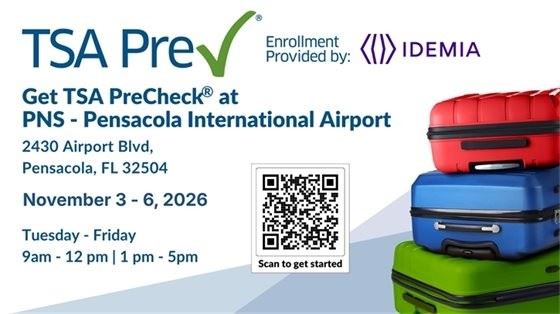 TSA PreCheck Pensacola International Airport enrollment flyer with a QR code and stacked colorful suitcases