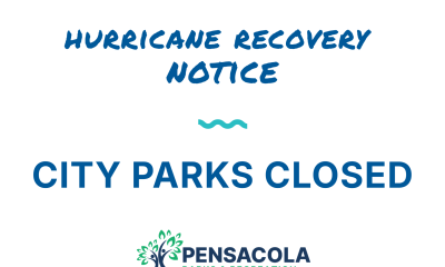 Announcement graphic stating 'City Parks Closed' due to Hurricane Isaias recovery efforts in Pen — Pensacola Park Closures