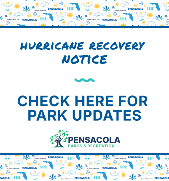 Pensacola park closures update graphic from Parks and Recreation with a Hurricane Recovery Notice.