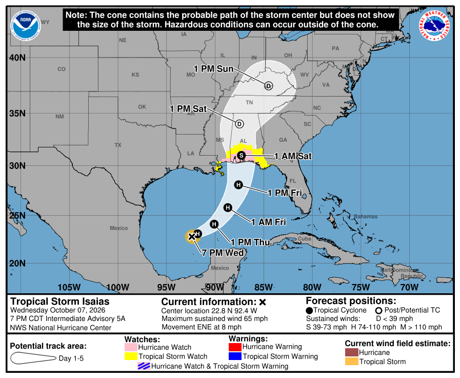 Projected path of Tropical Storm Isaias showing cone of uncertainty and warnings for the — Tropical Storm Isaias Pensacola