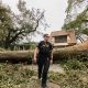 A police officer walks past a fallen tree blocking a residential street in Pensacola after Hurr — Pensacola storm recovery