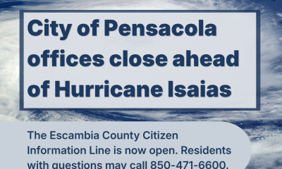 Announcement about City of Pensacola office closures due to Hurricane Isaias with a — Pensacola Hurricane Isaias Closures