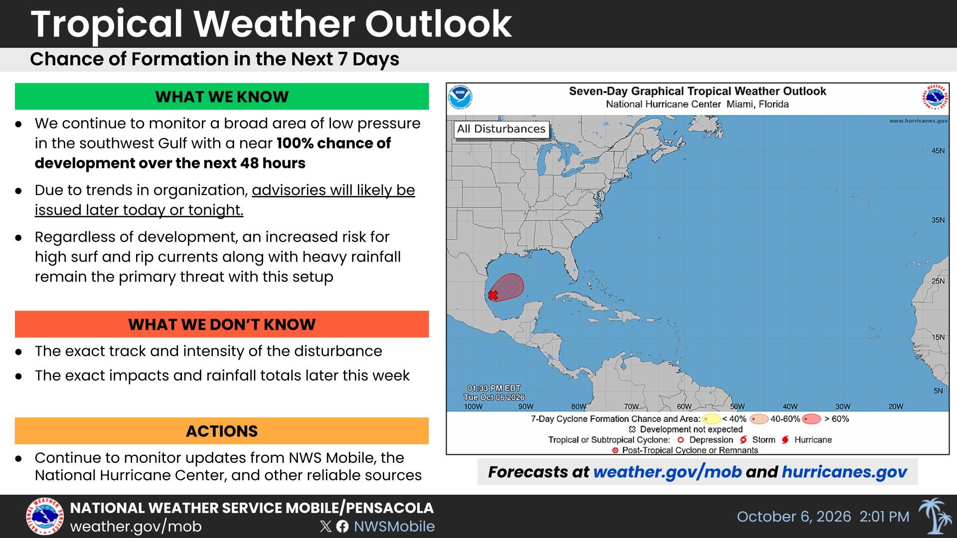 Tropical weather outlook map showing Invest 92L with a high chance of development and risk of heavy — Invest 92L Pensacola