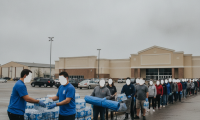 Long line of people receiving water and tarps at Escambia County emergency — Escambia County emergency water distribution
