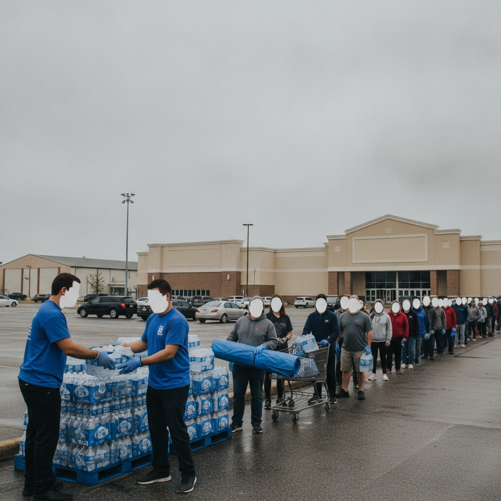 Long line of people receiving water and tarps at Escambia County emergency — Escambia County emergency water distribution